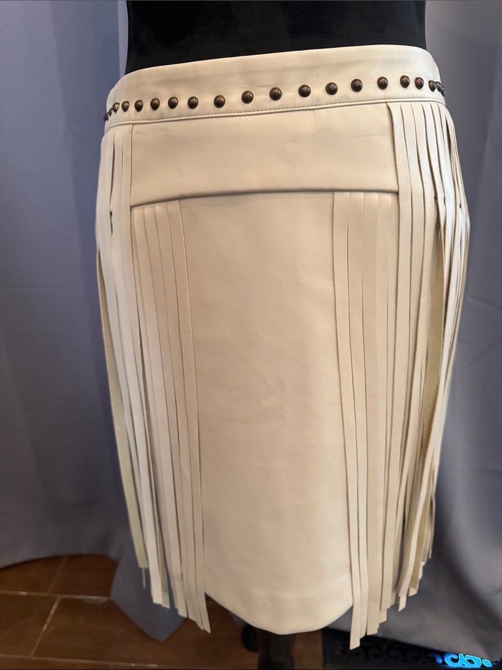 Cream Leather Fringe Mini Skirt with Studded Waistband
